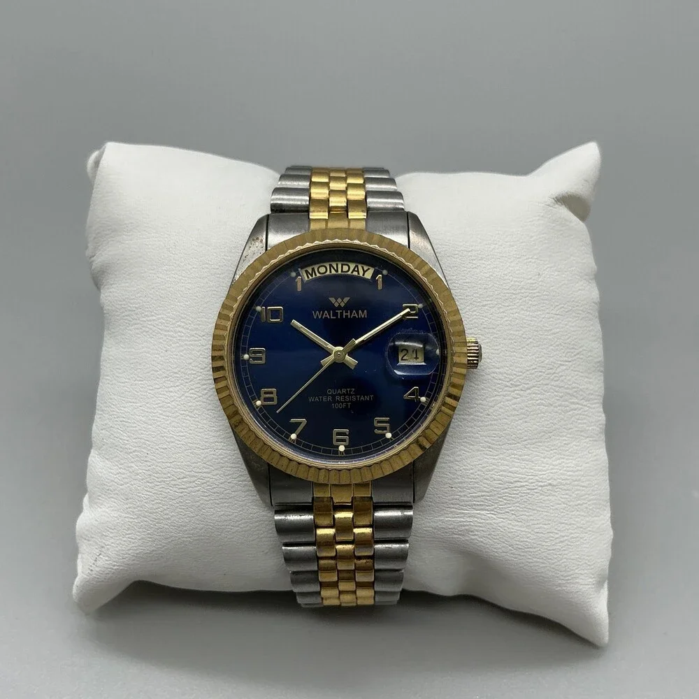 Waltham Mens Watch 36mm Blue Dial Two Tone Day Date New Battery 7